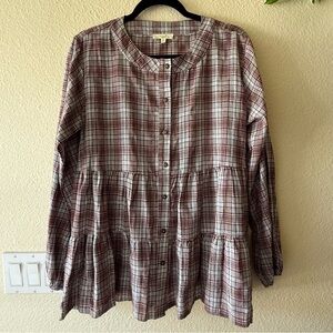NWOT Easel Burgundy/Purple/Gray/Lime Green Plaid Ruffle Tunic - Size Small